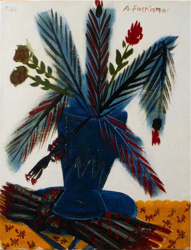 Sandkat4X4 Bouquet de fleurs au vase bleu, 1986 huile sur toile 35 x 27 cm